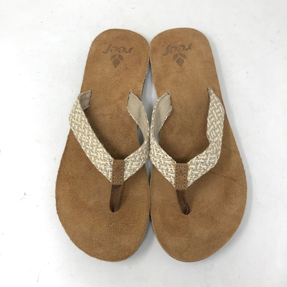 Reef Womens 9 Flip Flop Fasa Sandals Tan Woven Thong Toe Post Flat NWOB - Picture 3 of 8